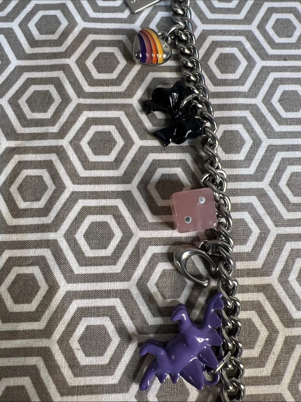 Coach Silver-Tone Charm rainbow heart, black bow, pink dice, silver C, purple